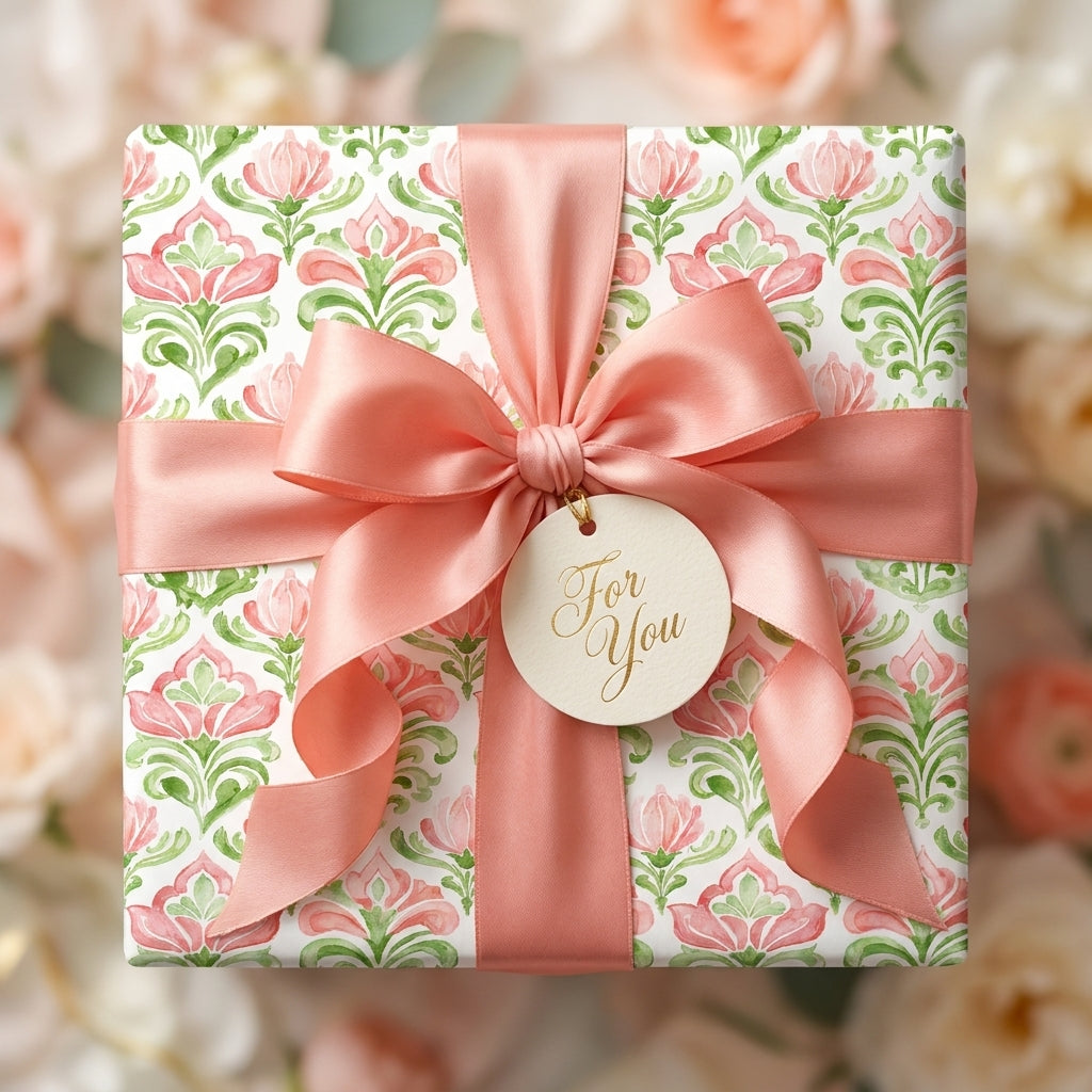 Elegant pink and green floral wrapping paper with a satin bow and 'For You' tag by Wrapped Studios.