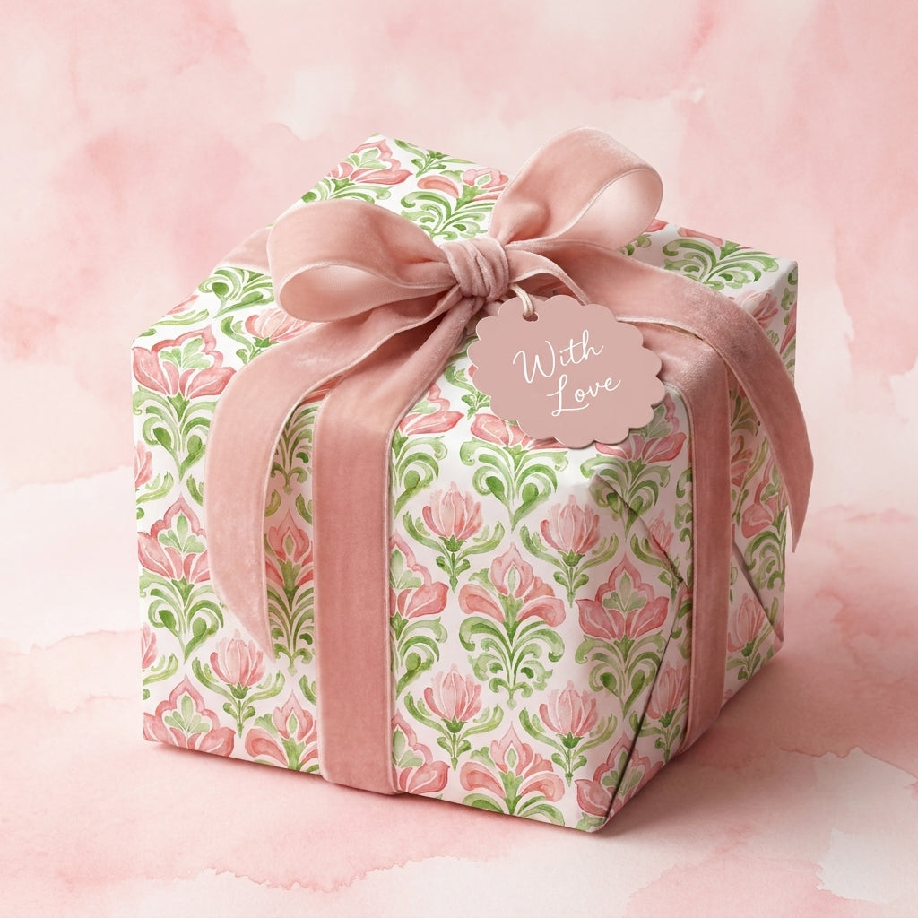 Elegant watercolor pink floral wrapping paper with velvet ribbon on gift box by Wrapped Studios.