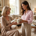 Luxury floral wrapping paper by Wrapped Studios on a gift box being given to a smiling mother.