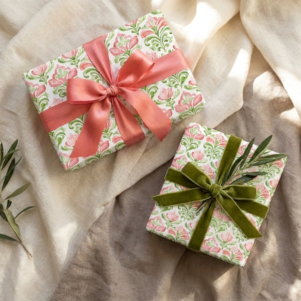 Luxury floral wrapping paper with pink botanical pattern, velvet ribbons, and olive branch by Wrapped Studios.