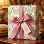 Elegant pink floral wrapping paper by Wrapped Studios on a gift box with a dusty pink ribbon bow.