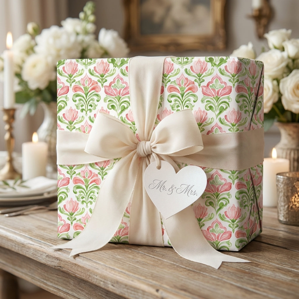 Elegant pink floral wedding gift wrap with a cream bow and Mr. & Mrs. tag by Wrapped Studios.
