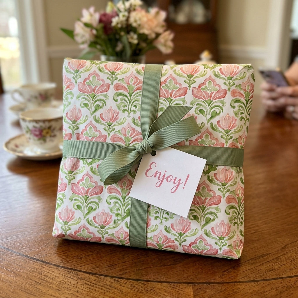 Elegant pink and green floral wrapping paper with a sage ribbon and tag by Wrapped Studios.