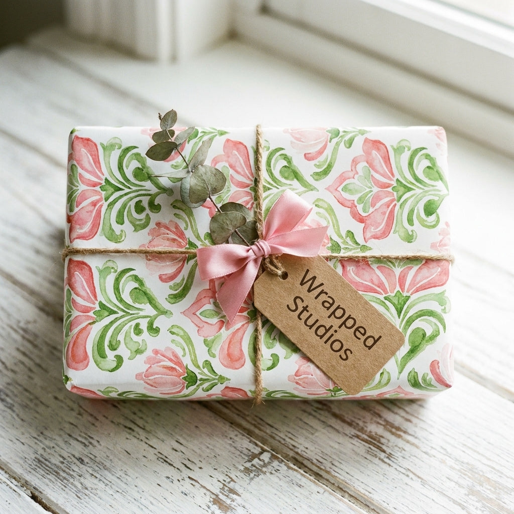Elegant watercolor floral wrapping paper with a pink bow on a rustic gift box by Wrapped Studios.