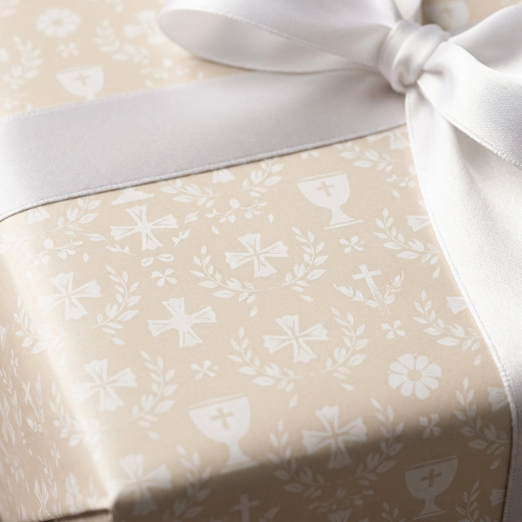 Beige baptism wrapping paper with white crosses, chalices, and a satin ribbon by Wrapped Studios.