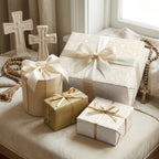 Ivory First Communion wrapping paper with religious crosses on elegant gift boxes by Wrapped Studios.