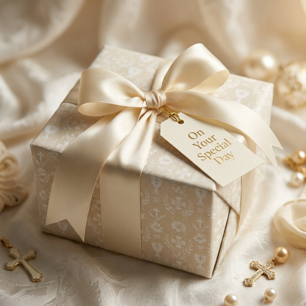 Luxury baptism wrapping paper with crosses and cream satin bow by Wrapped Studios.