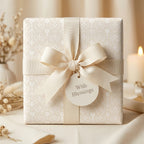 Elegant baptism wrapping paper with white crosses, chalices, and a cream ribbon bow by Wrapped Studios.