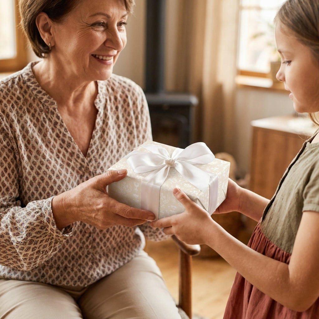 Elegant floral wrapping paper with white satin bow on gift held by grandmother and child. Wrapped Studios.
