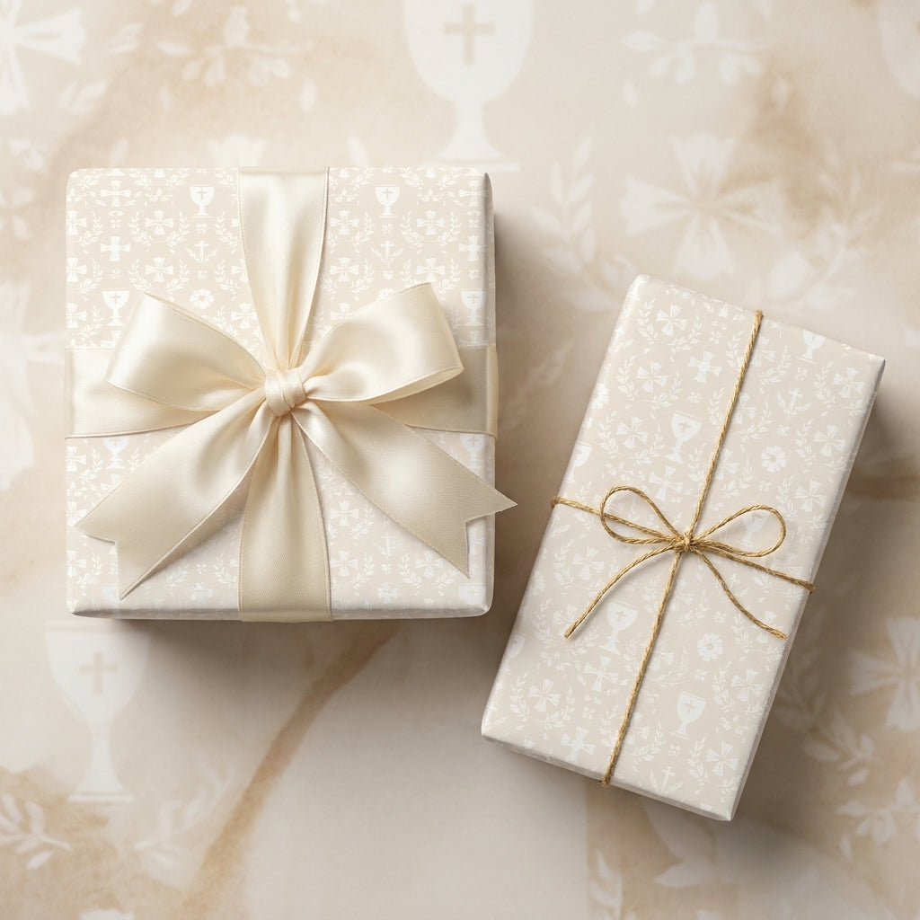 Elegant First Communion and baptism wrapping paper with chalice and cross patterns by Wrapped Studios.