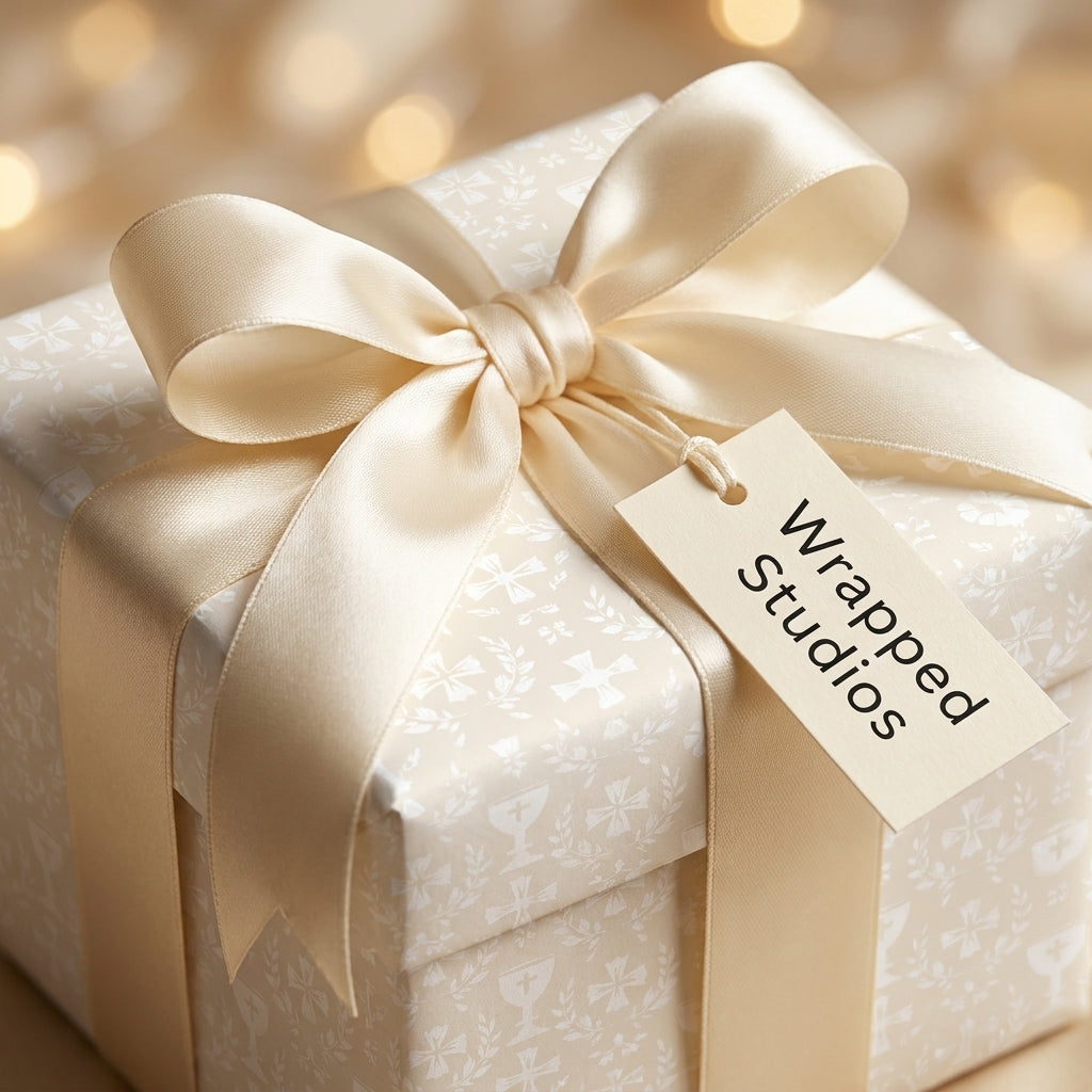 Elegant cream baptism wrapping paper with cross patterns and a satin bow by Wrapped Studios.