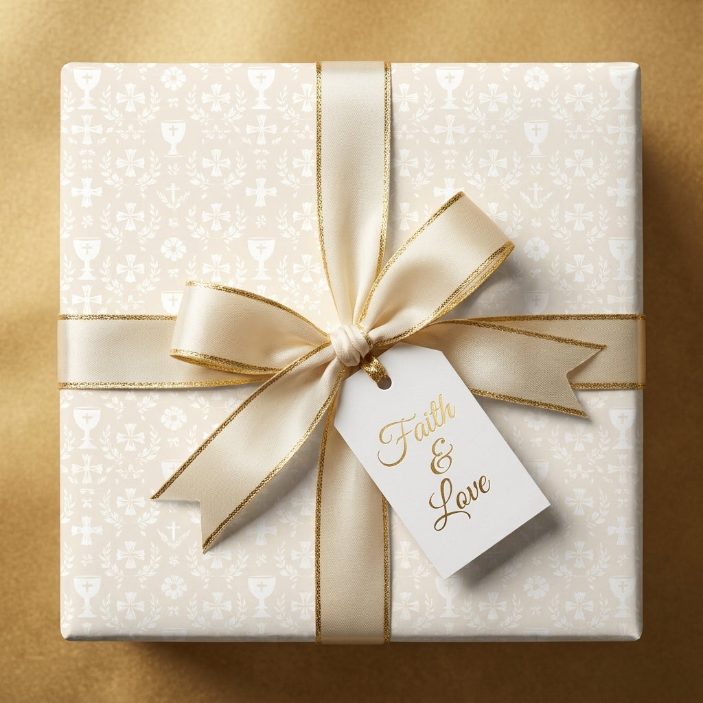 Elegant baptism wrapping paper with crosses, cream satin bow, and gold faith tag by Wrapped Studios.