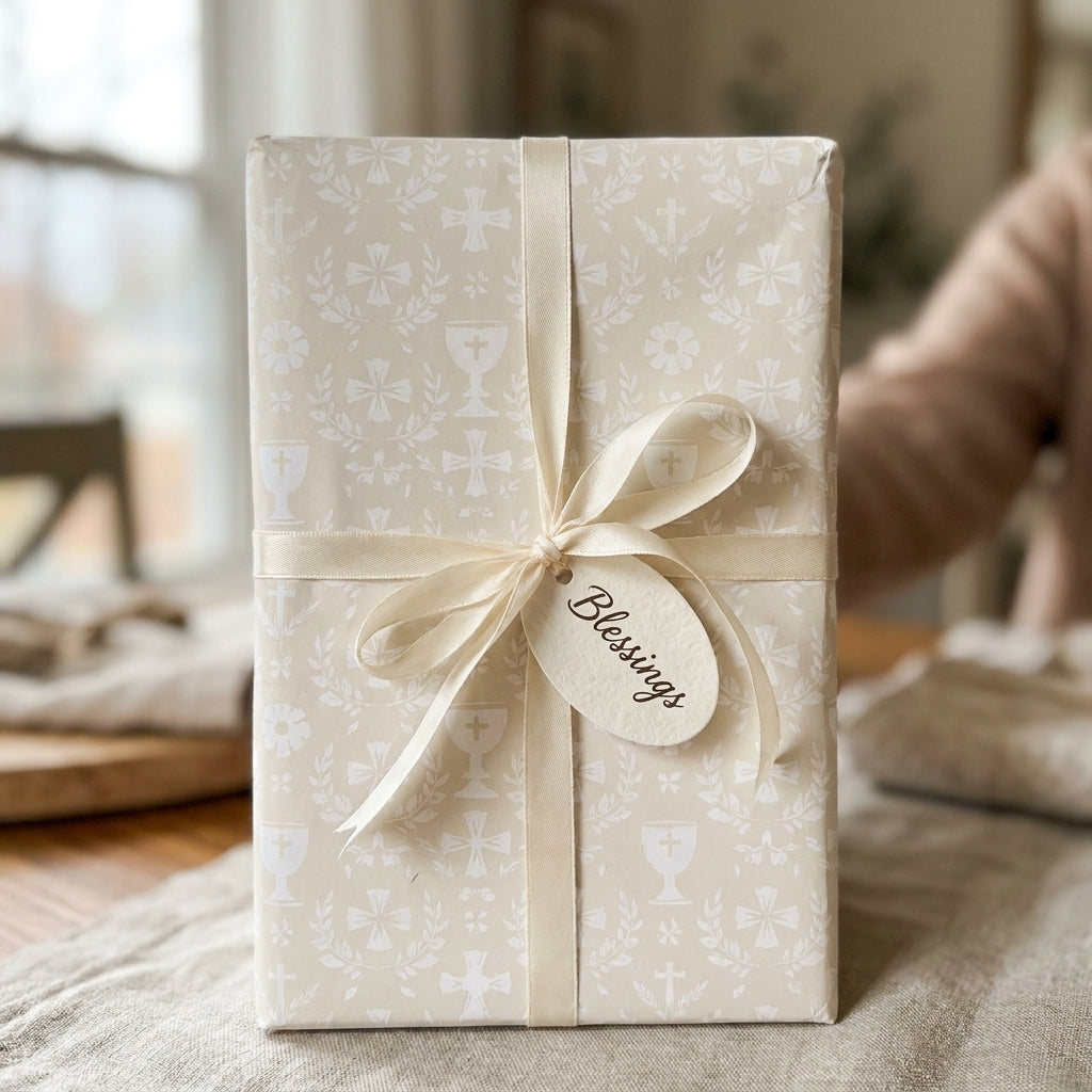 Baptism and communion wrapping paper with cream cross pattern and blessings tag by Wrapped Studios.