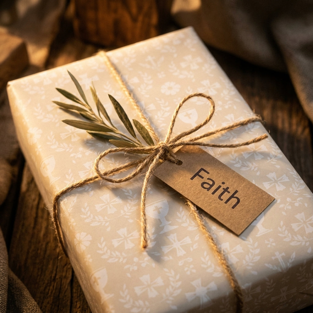 Elegant Christian wrapping paper with cross pattern, twine, and Faith tag by Wrapped Studios.