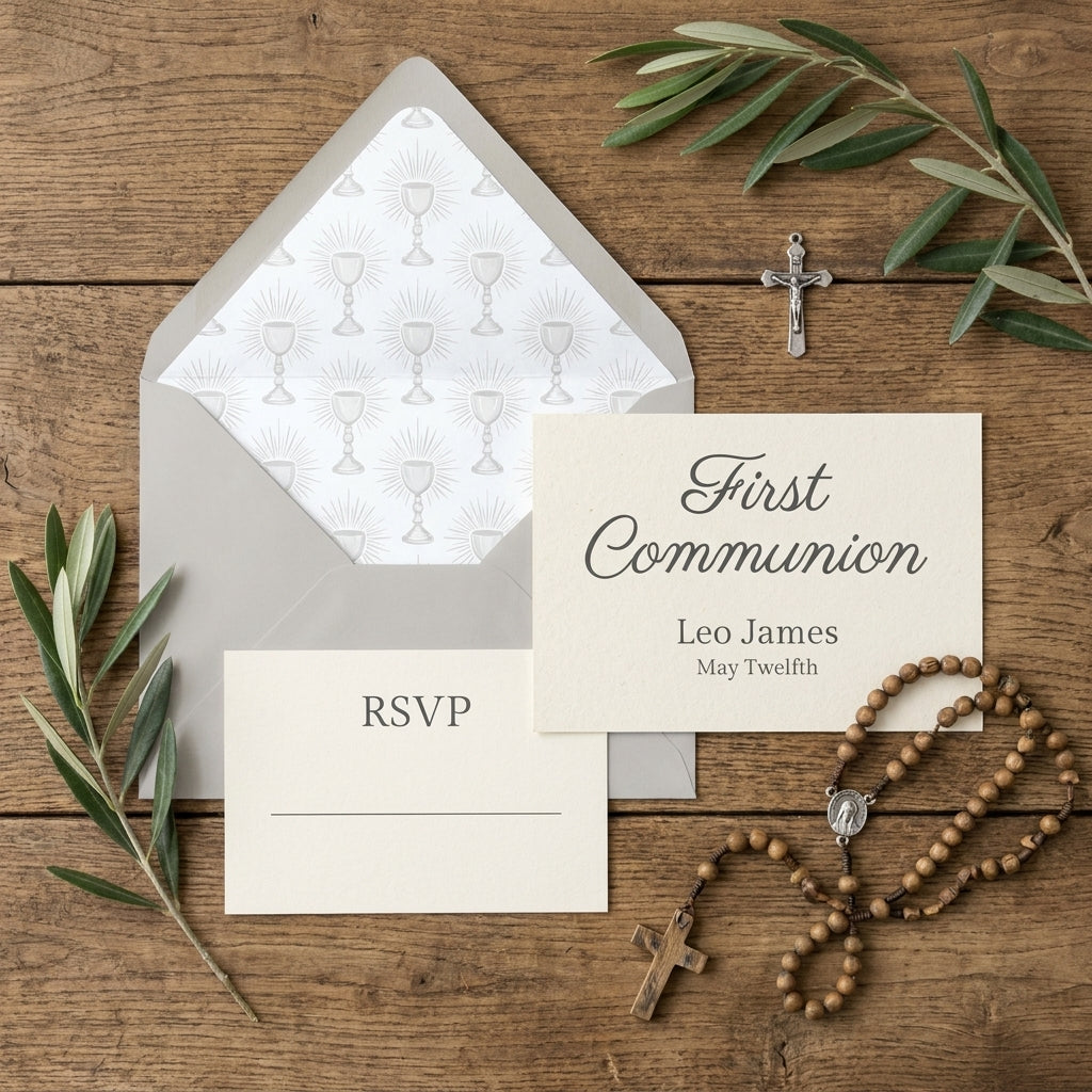 Elegant First Communion invitation card with grey envelope and wooden rosary by Wrapped Studios.