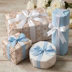 Baptism and First Communion wrapping paper featuring girls in veils and blue ribbons, by Wrapped Studios.