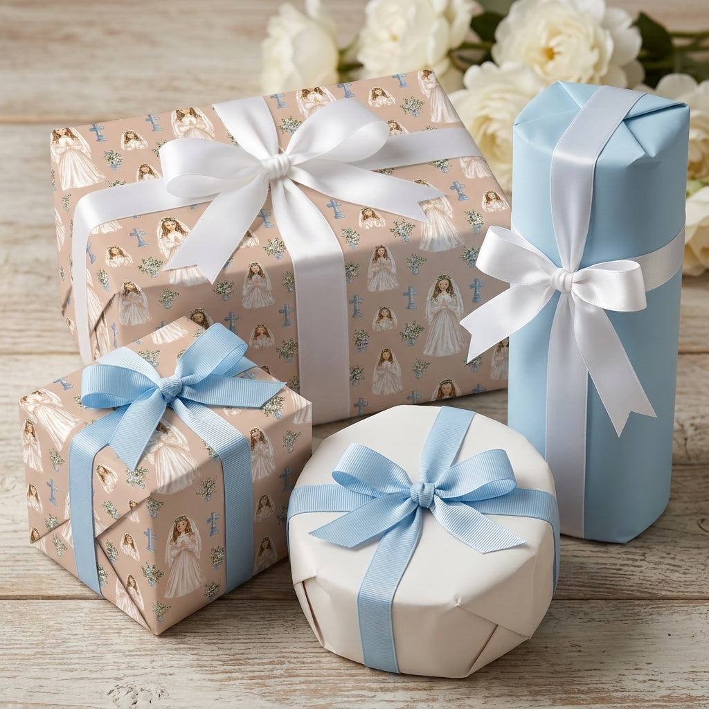 Baptism and First Communion wrapping paper featuring girls in veils and blue ribbons, by Wrapped Studios.