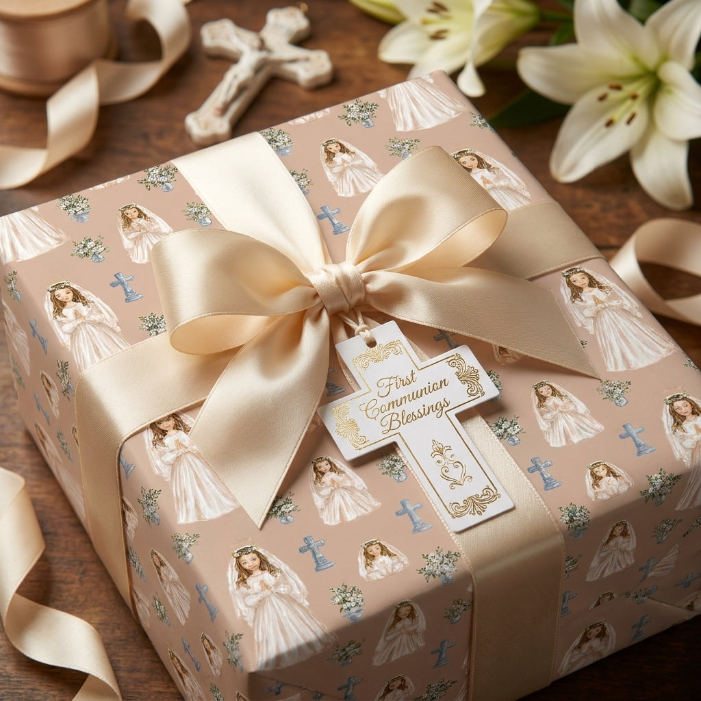First Communion wrapping paper for girls with elegant satin bow and cross gift tag by Wrapped Studios.
