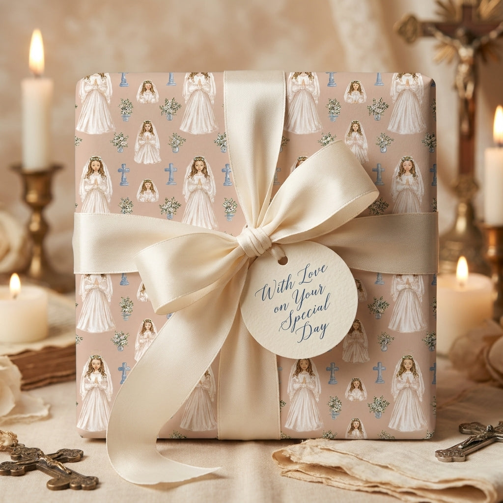 First Communion wrapping paper with a praying girl design and elegant cream bow by Wrapped Studios.