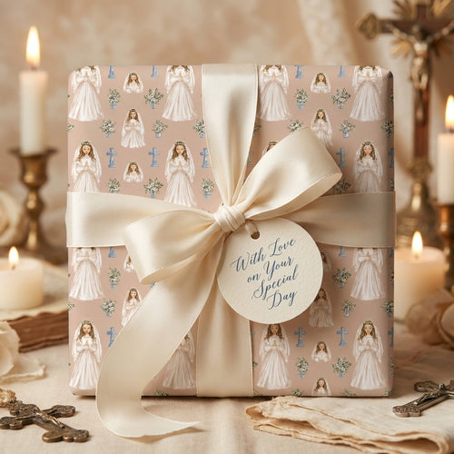 First Communion wrapping paper with a praying girl design and elegant cream bow by Wrapped Studios.