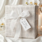 Elegant First Communion wrapping paper with chalice pattern and white bow by Wrapped Studios.