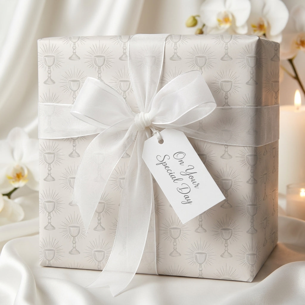 Elegant First Communion wrapping paper with chalice pattern and white bow by Wrapped Studios.