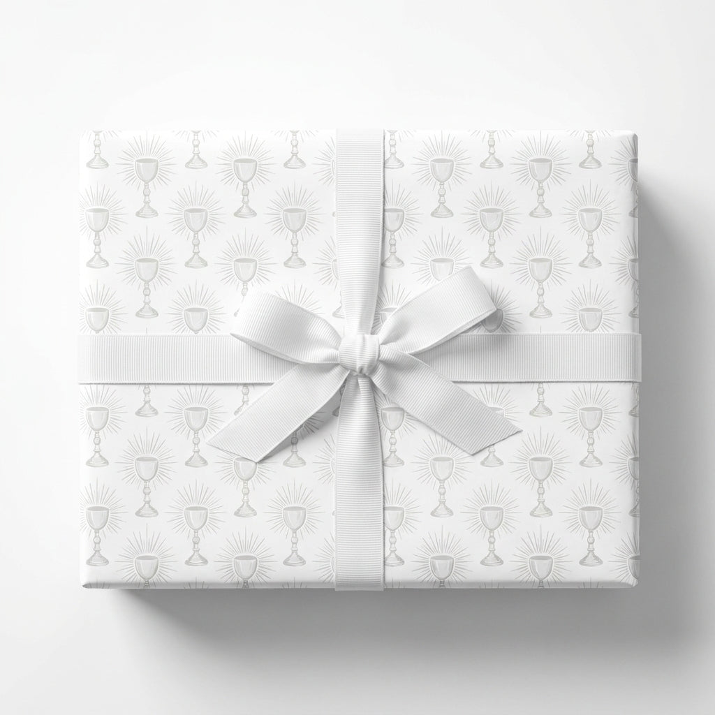 First Communion wrapping paper with elegant chalice pattern and white ribbon bow by Wrapped Studios.