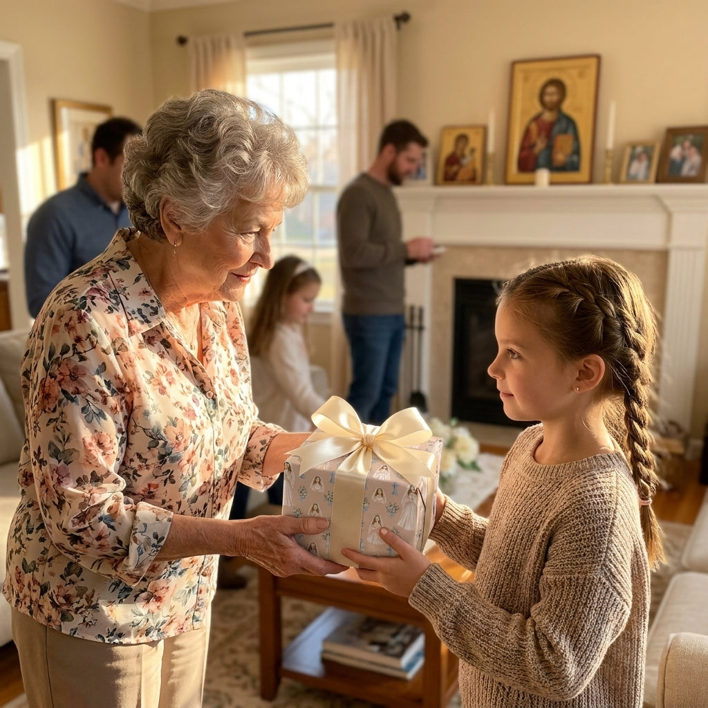 Grandmother giving a girl a gift in religious First Communion wrapping paper by Wrapped Studios.