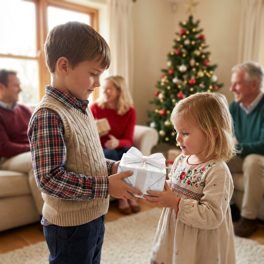 Boy giving girl a gift in light blue holiday wrapping paper by a Christmas tree. Wrapped Studios.