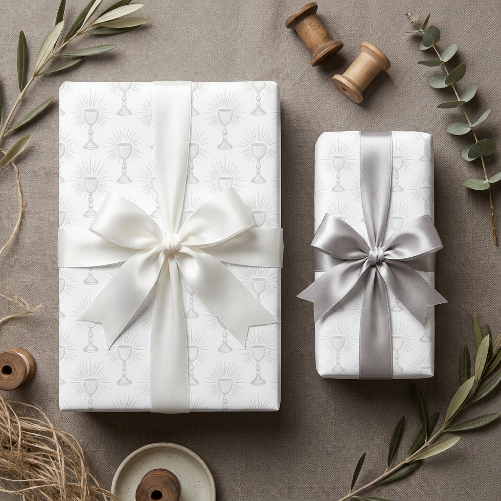 First Communion and baptism wrapping paper with chalice print and satin bows by Wrapped Studios.