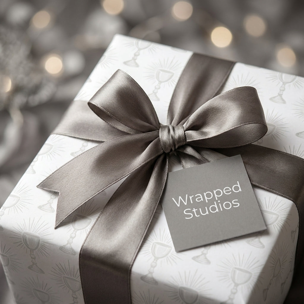 First Communion wrapping paper with chalice pattern, elegant grey satin bow, by Wrapped Studios.