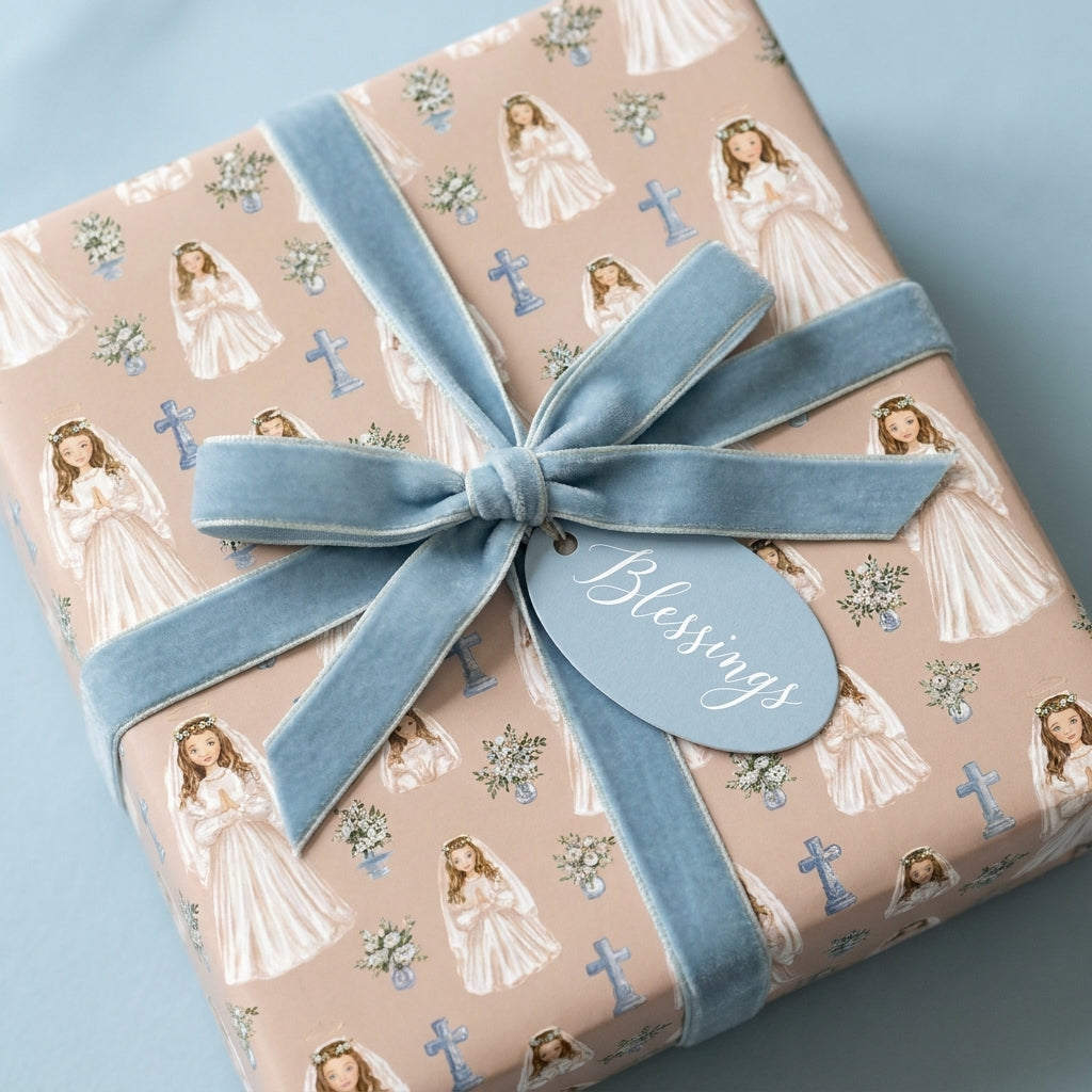 First Communion and baptism gift wrap with praying girl illustrations and blue velvet bow, Wrapped Studios.