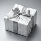 Elegant first communion wrapping paper with silver chalices and satin bow by Wrapped Studios.