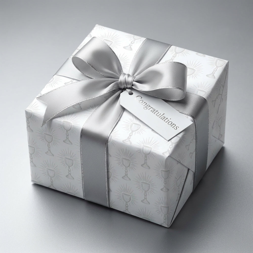 Elegant first communion wrapping paper with silver chalices and satin bow by Wrapped Studios.