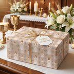Blush pink girls First Communion wrapping paper with gold ribbon by Wrapped Studios.