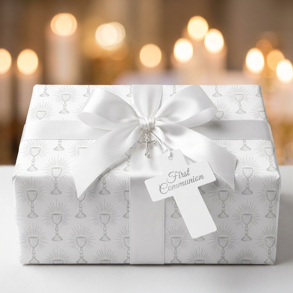 Elegant First Communion wrapping paper with silver chalices and white satin bow by Wrapped Studios.