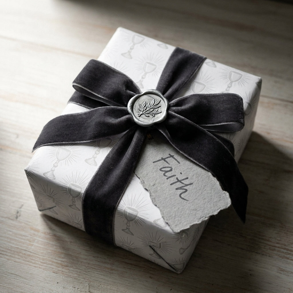 Elegant baptism wrapping paper with chalice print, velvet ribbon, and faith tag by Wrapped Studios.