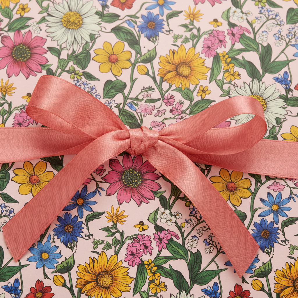 Floral wrapping paper on a gift box with a satin ribbon bow, perfect for birthday or spring celebrations.