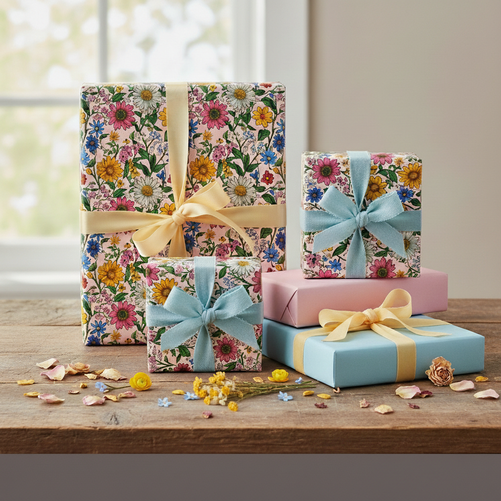 Gifts wrapped in floral wrapping paper with ribbons, perfect for birthday, baby shower, or any occasion.