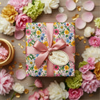 Elegant floral wrapping paper on a gift box with pink ribbon, perfect for birthday presents or special occasions.