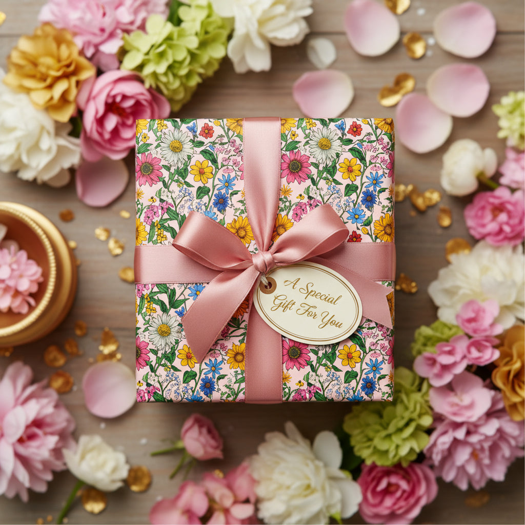 Elegant floral wrapping paper on a gift box with pink ribbon, perfect for birthday presents or special occasions.