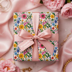 Square gift wrapped in floral wrapping paper with a pink ribbon and a tag.