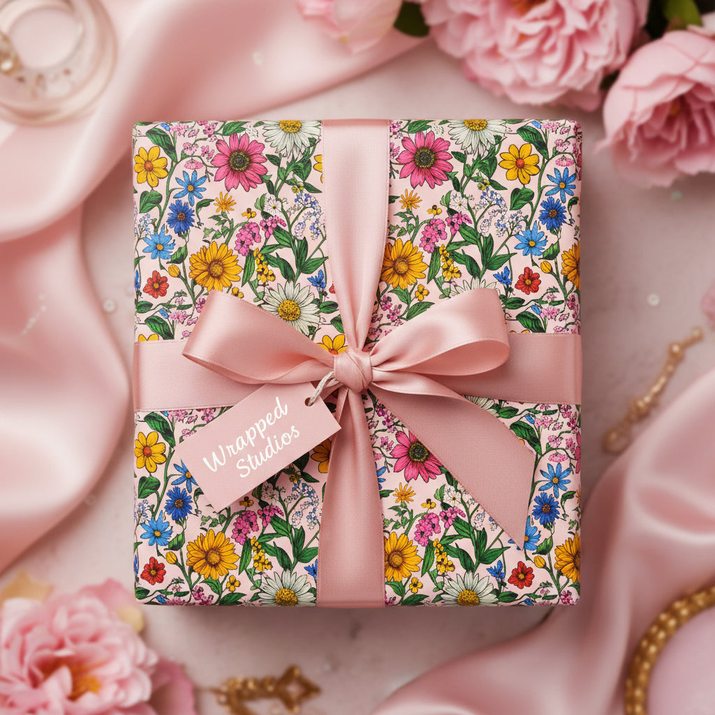Square gift wrapped in floral wrapping paper with a pink ribbon and a tag.
