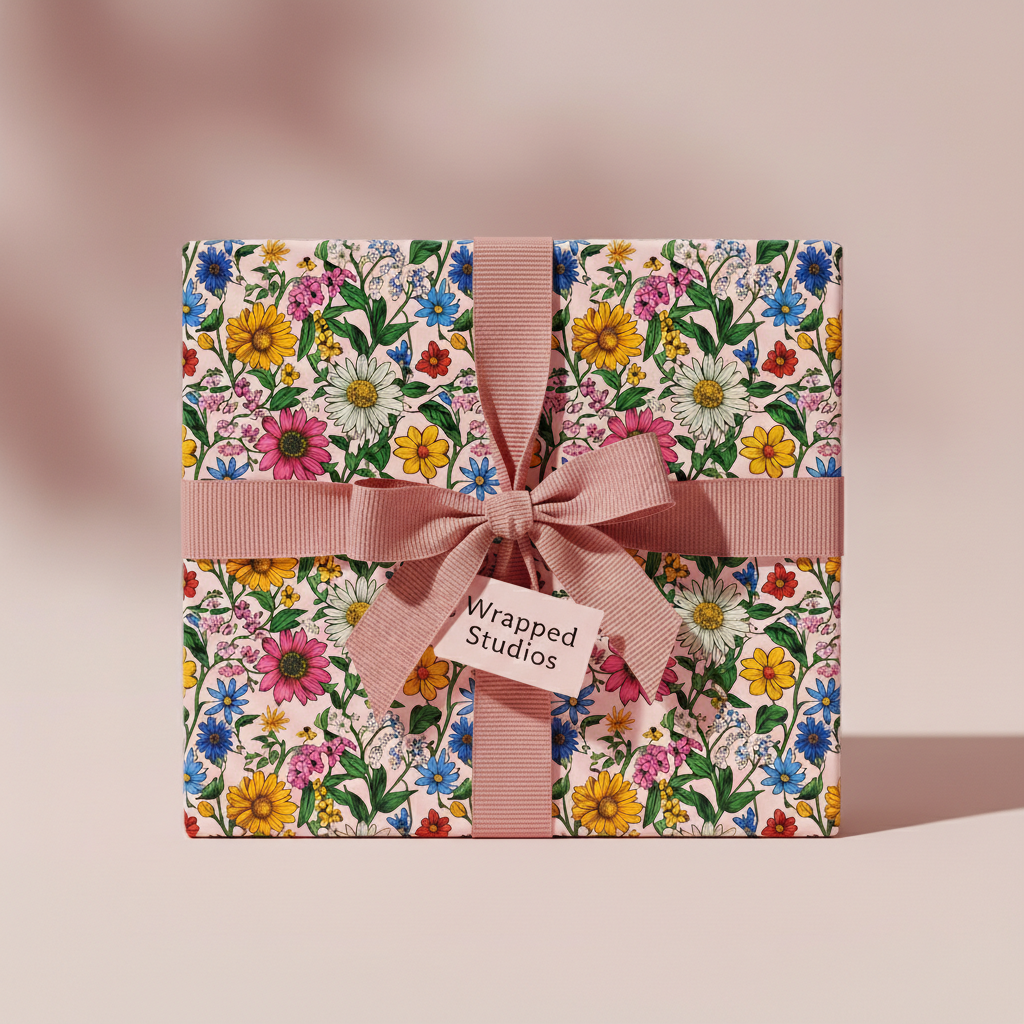 Gift box in colorful floral wrapping paper with a dusty rose ribbon and bow.