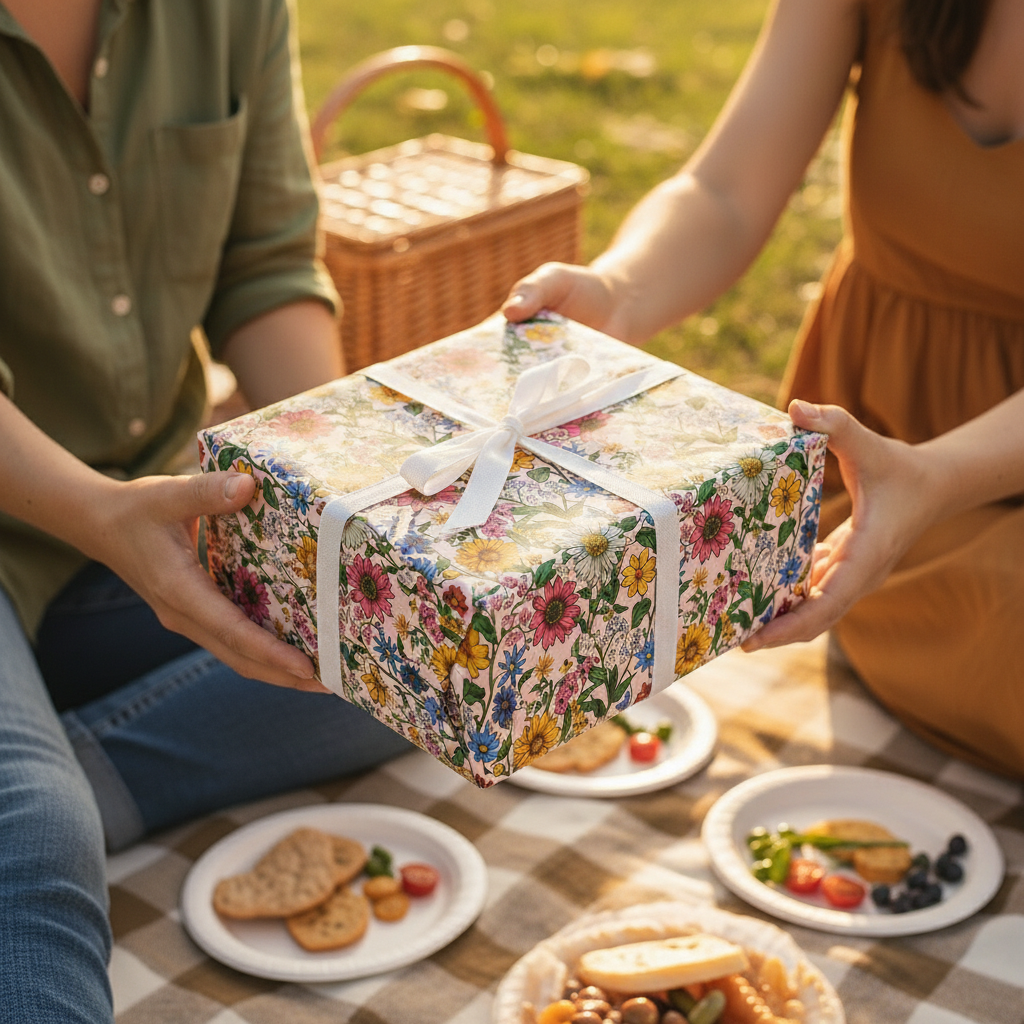 Person handing over a gift wrapped in floral wrapping paper with a white ribbon during a picnic.