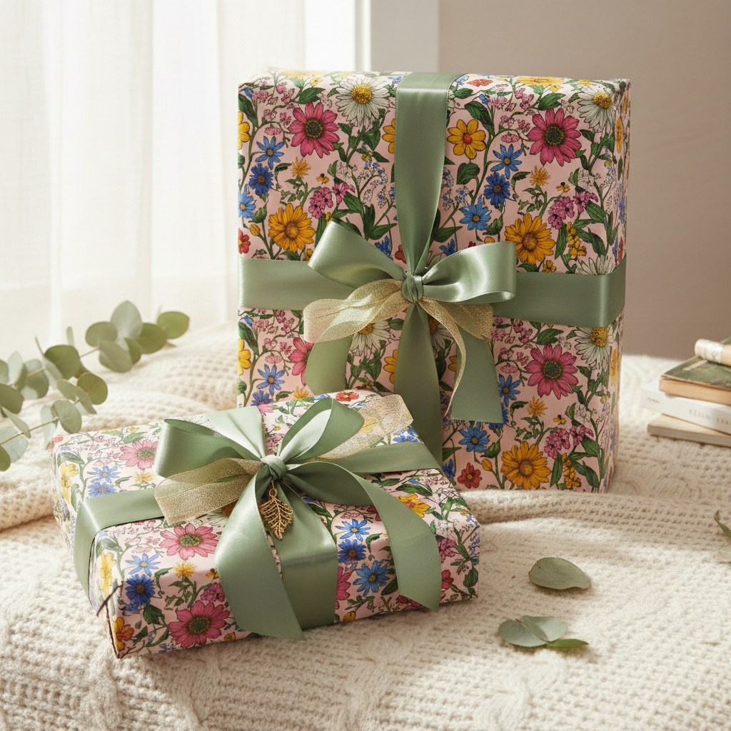 Gifts wrapped in pink floral wrapping paper with olive green ribbon bows, perfect for birthday or Mother's Day.