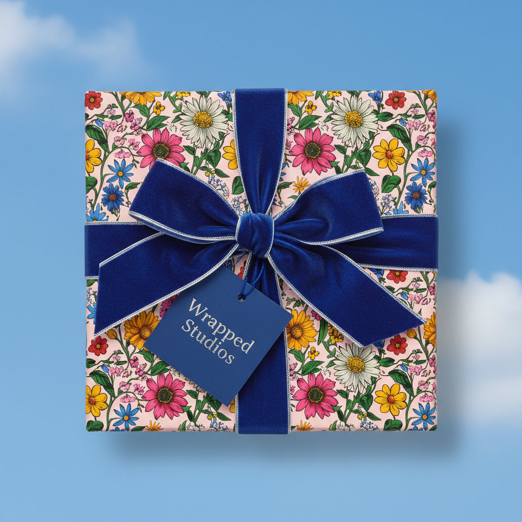 Square gift wrapped in floral wrapping paper with a blue velvet ribbon and bow.