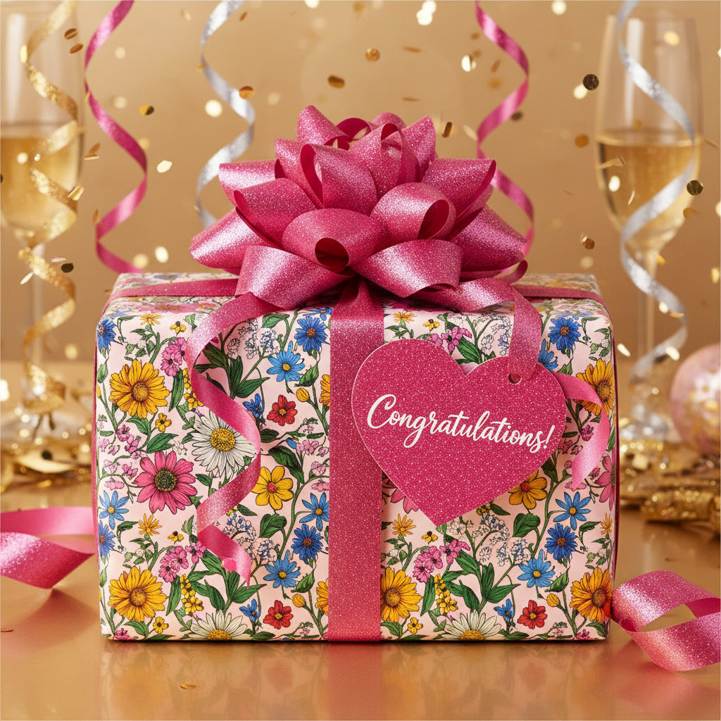 Celebratory gift with floral wrapping paper, pink ribbon, and a "Congratulations!" heart tag.