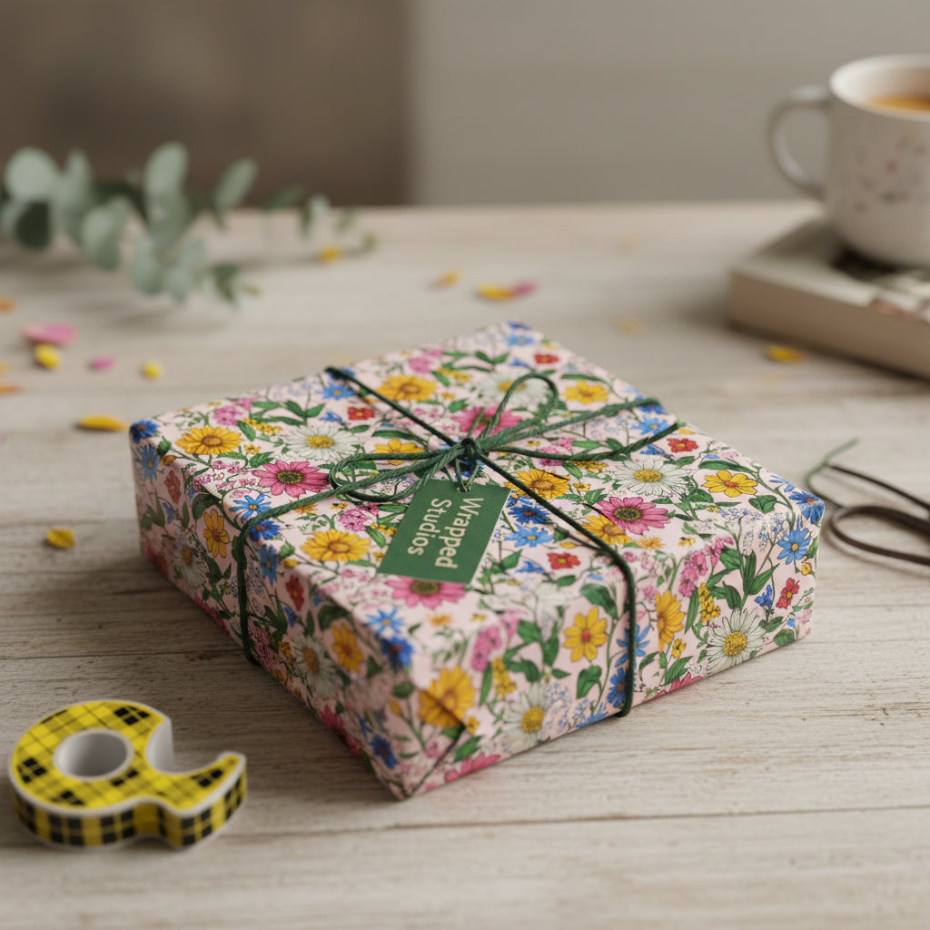 Square gift wrapped in pink floral wrapping paper with green twine and tag.