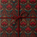Close-up of a gift wrapped in elegant floral wrapping paper with a rich red twine bow.